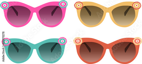 vector set of their four sunglasses in different colors with floral decor