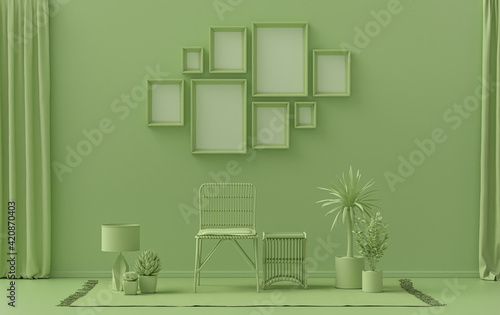 Modern interior flat light green color room with furnitures and plants, gallery wall template with eight frames on the wall for poster presentation, 3d Rendering