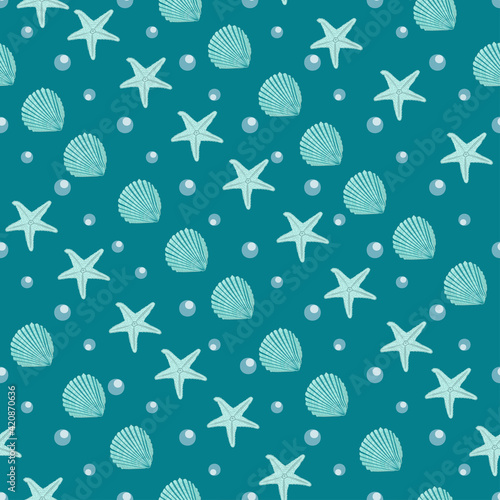 vector marine seamless pattern with water bubbles,  starfishes, seashells
