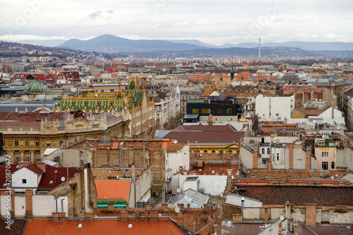 Panoramica, vista o skyline desde la catedral o basilica de San Esteban de la ciudad de Budapest, pais de Hungria photo