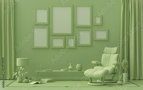 Modern interior flat light green color room with furnitures and plants, gallery wall template with 9 frames on the wall for poster presentation, 3d Rendering