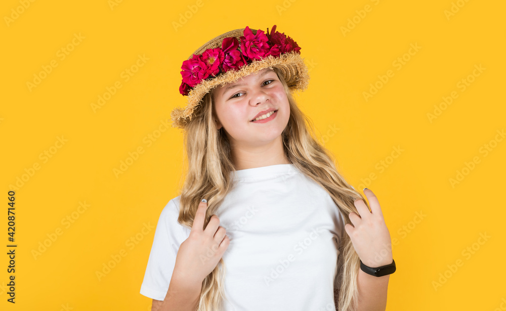 happy child girl in straw hat with rose flowers, fashion happy child girl in straw hat with rose flowers, fashion