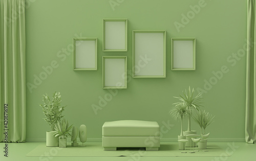 Single color monochrome light green color interior room with furnitures and plants, 5 poster frames on the wall, 3D rendering