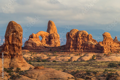 USA, Utah, Arches National Park. Turret Arch and other formations.