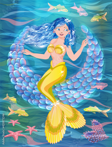 Beautiful young mermaid is swinging on the moon,  background. vector illustration