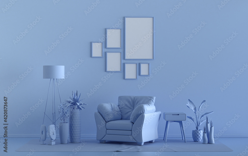 Wall mockup with six frames in solid flat pastel light blue color, monochrome interior modern living room with furnitures and plants, 3d rendering Wall mockup with six frames in solid flat pastel light blue color, monochrome interior modern living room with furnitures and plants, 3d rendering