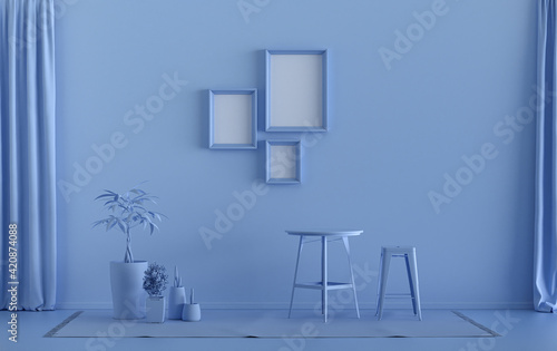 Gallery wall with three frames, in monochrome flat single light blue color room with single chair and plants, 3d Rendering