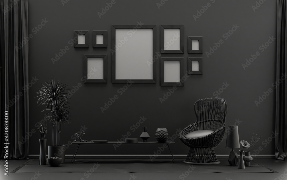 Fototapeta premium Minimalist living room interior in flat single pastel black and dark gray color with 8 frames on the wall and furnitures and plants, in the room, 3d Rendering