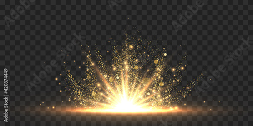 Star burst with sparkles. Golden light flare effect with stars, sparkles and glitter isolated on dark transparent background. Vector illustration of shiny glow star with stardust, gold lens flare