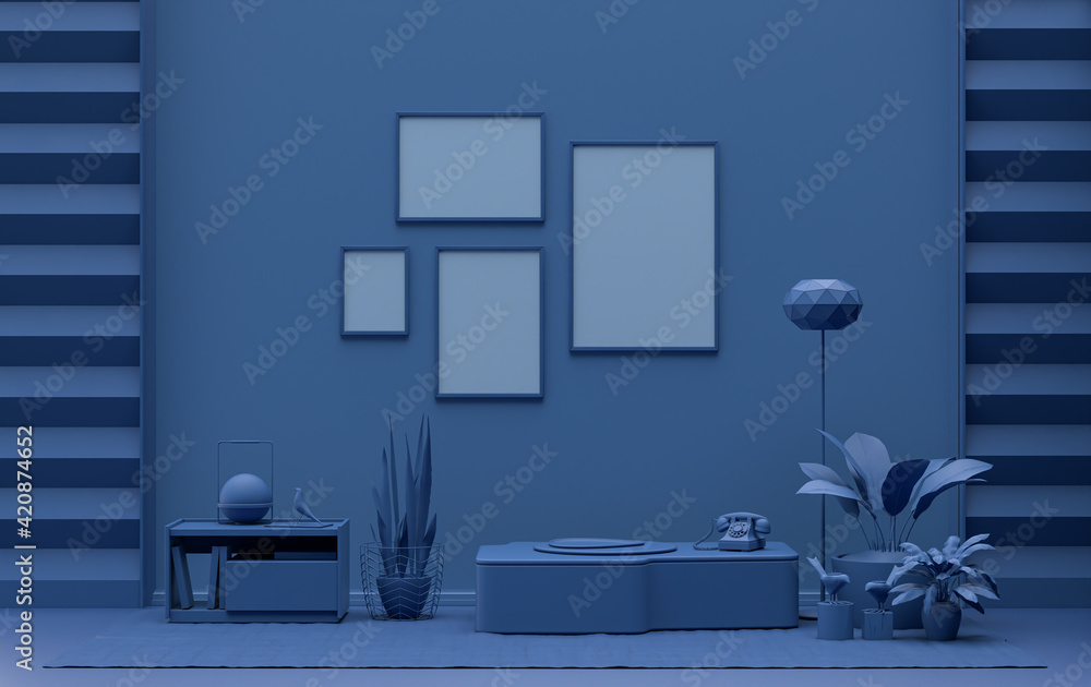 Fototapeta premium Interior room in plain monochrome dark blue color, 4 frames on the wall with furnitures and plants, for poster presentation, Gallery wall. 3D rendering