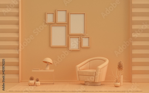 Wall mockup with six frames in solid flat  pastel orange pinkish color, monochrome interior modern living room with furnitures and plants, 3d rendering