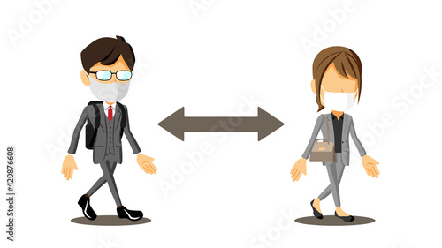 距離を空けて通勤するスーツ姿の男性と女性のイラスト	