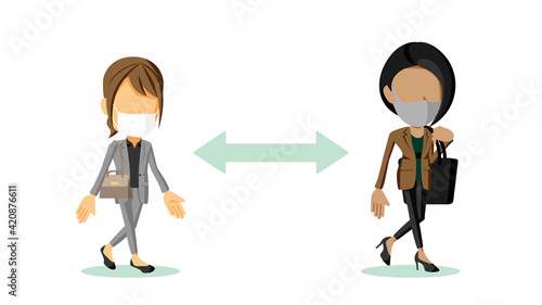 距離を空けて通勤するスーツ姿の女性2人のイラスト	