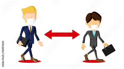 距離を空けて通勤するスーツ姿の男性2人のイラスト	