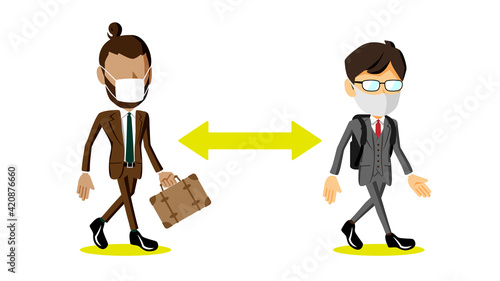 距離を空けて通勤するスーツ姿の男性2人のイラスト	