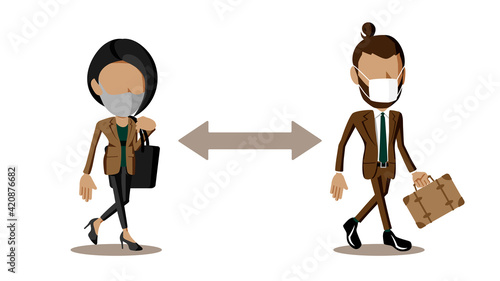 距離を空けて通勤するスーツ姿の男性と女性のイラスト	