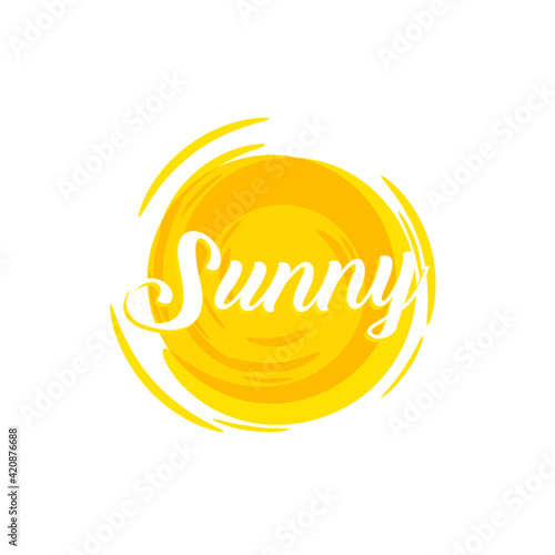 Sunshine, hot orange sun, vector logo template. Summertime, warm summer sunny day, isolated icon. Sunshine for holiday and vacation. Vector illustration.