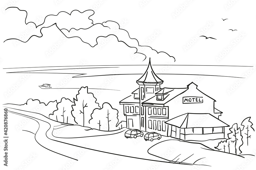 Motel by the sea, graphic drawing.