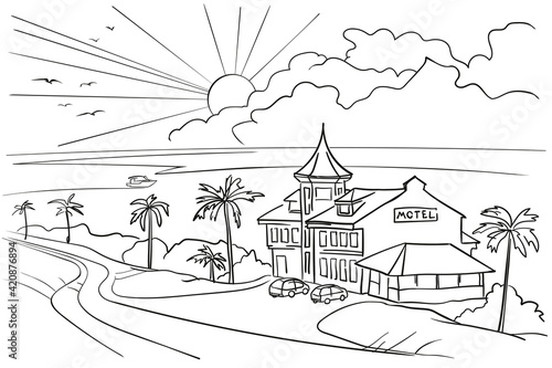 Motel on the coast of the south sea in the rays of the setting sun. Line graphics.