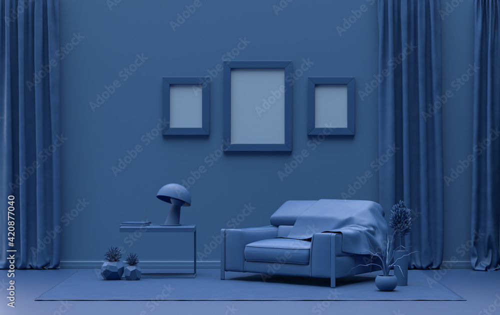 Gallery wall with three frames, in monochrome flat single dark blue color room with furnitures and plants,  3d Rendering