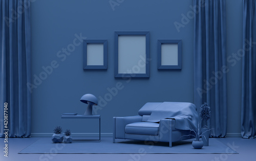 Gallery wall with three frames, in monochrome flat single dark blue color room with furnitures and plants, 3d Rendering