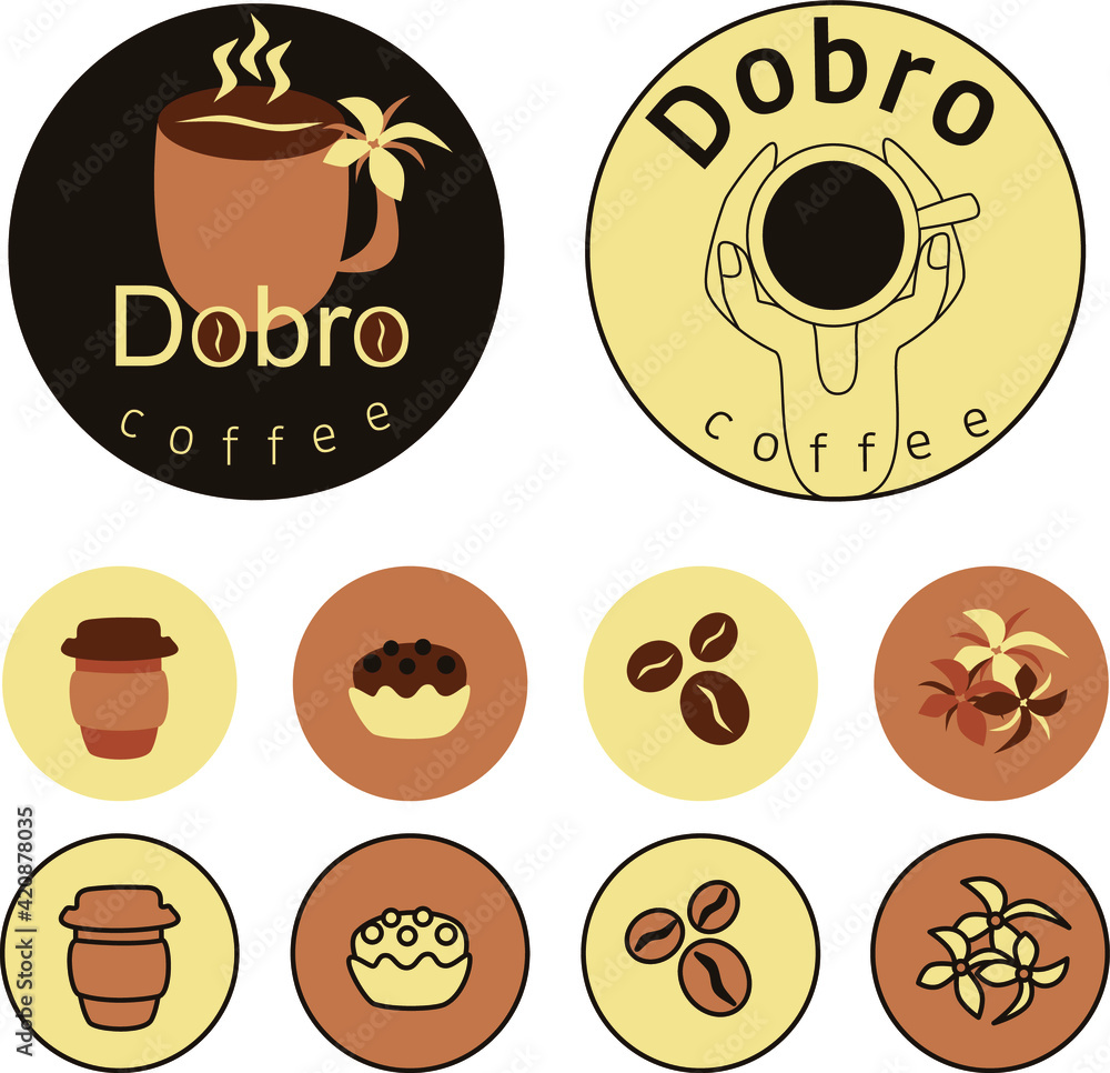 two variants of a coffee shop logo, icons for social media, website on the topic of drinks, cakes