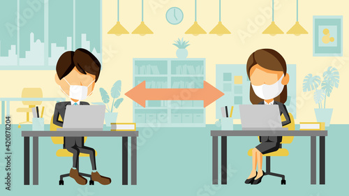 距離を空けてオフィスで働くスーツ姿の男性と女性のイラスト	