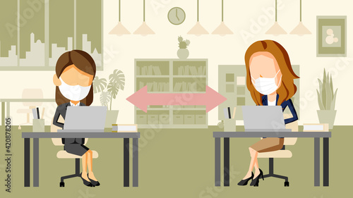 距離を空けてオフィスで働くスーツ姿の女性2人のイラスト	