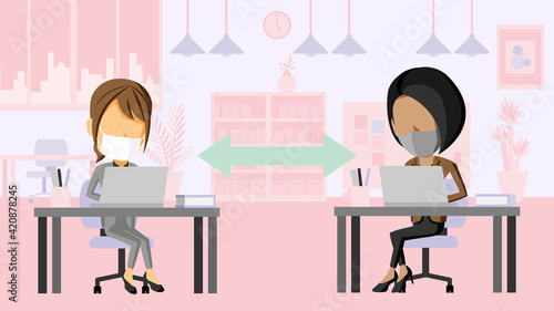 距離を空けてオフィスで働くスーツ姿の女性2人のイラスト	