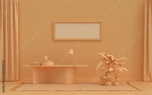 Single Frame Gallery Wall in orange pinkish color monochrome flat room with office desk and plants, 3d Rendering