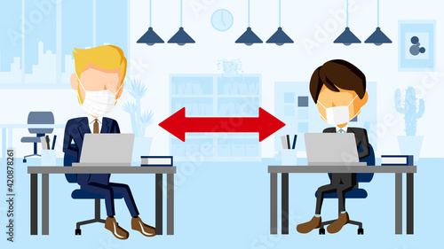 距離を空けてオフィスで働くスーツ姿の男性2人のイラスト	