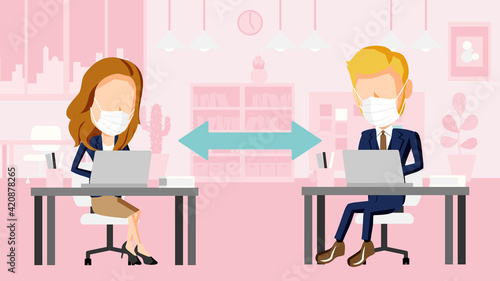 距離を空けてオフィスで働くスーツ姿の男性と女性のイラスト	