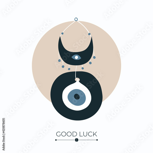 Nazar fortune and success charm, talisman or amulet with good luck words. Evil eye, symbol of luck, fortune, wealth and prosperity. Vector illustration isolated on white background