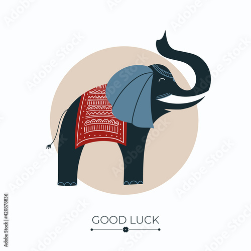 Elephant fortune and success charm, talisman or amulet with good luck words. Elephant, symbol of luck, fortune, wealth and prosperity. Vector illustration isolated on white background