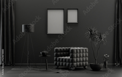Double Frames Gallery Wall in black and dark gray color monochrome flat room with furnitures and plants, 3d Rendering © markOfshell