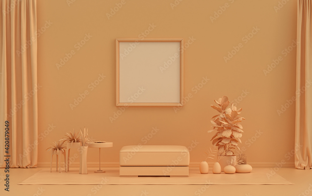 Fototapeta premium Single Frame Gallery Wall in orange pinkish color monochrome flat room with furnitures and plants, 3d Rendering