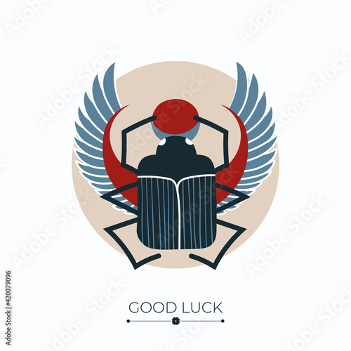 Scarab fortune and success charm, talisman or amulet with good luck words. Scarab beetle, symbol of luck, fortune, wealth and prosperity. Vector illustration isolated on white background
