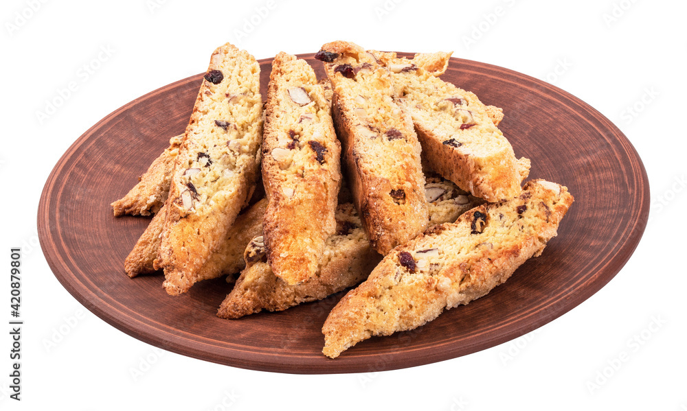 Biscotti on a brown plate on white background with clipping path Biscotti on a brown plate on white background with clipping path