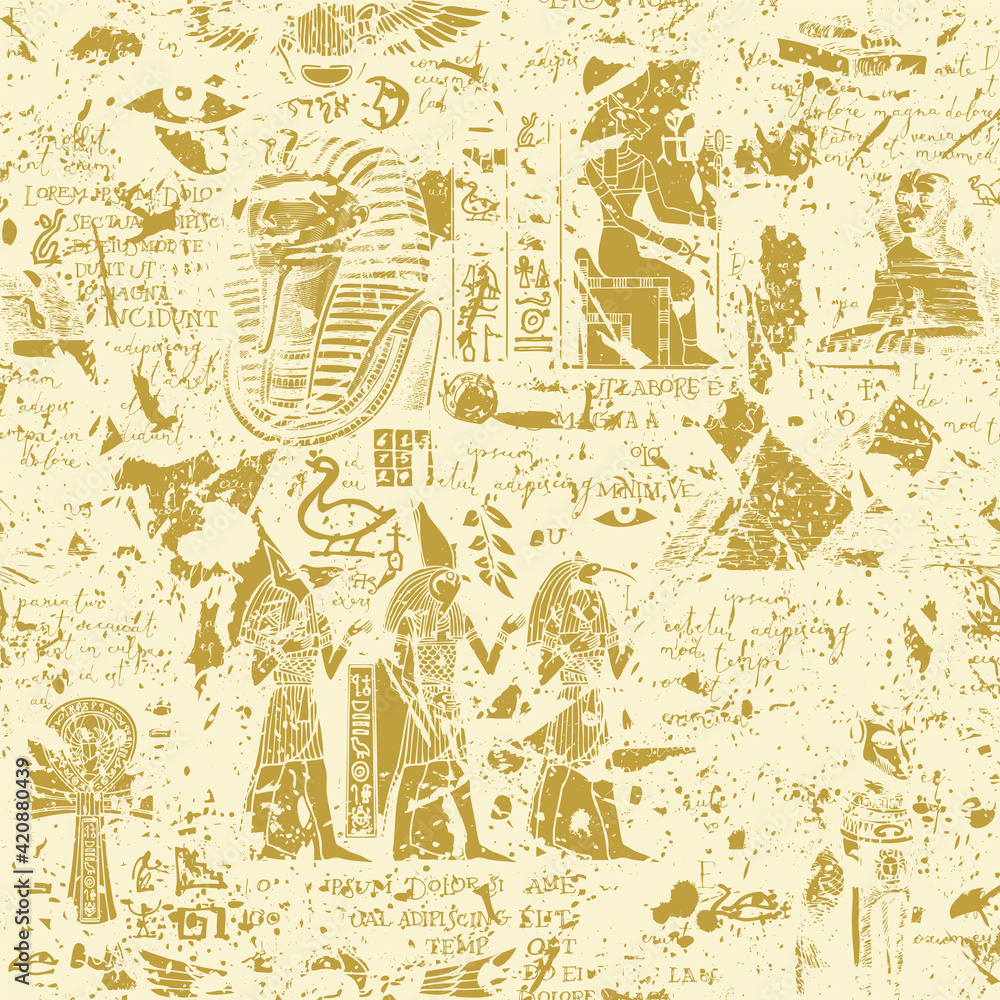 Abstract seamless pattern on an Ancient Egypt theme with Egyptian gods and handwritten text lorem ipsum in grunge style. Repeating vector background, Wallpaper, wrapping paper or fabric Abstract seamless pattern on an Ancient Egypt theme with Egyptian gods and handwritten text lorem ipsum in grunge style. Repeating vector background, Wallpaper, wrapping paper or fabric