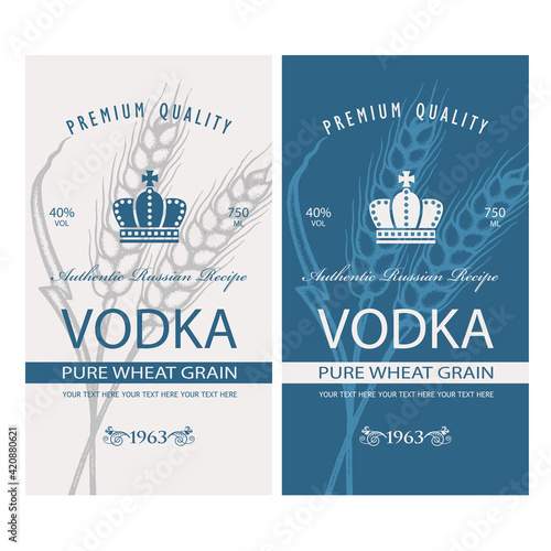 collection of vodka labels with royal crown and ears of wheat in retro style