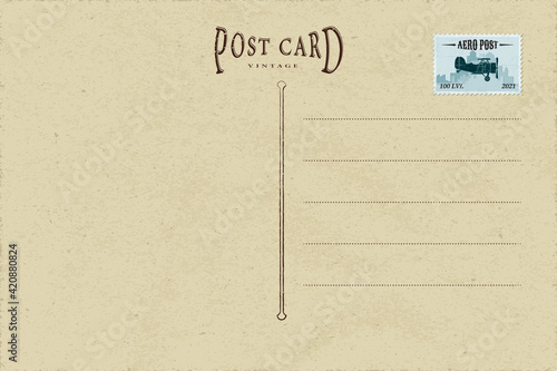 Vintage Postcard Inner Side Blank Template with Authentic Retro Style Logo Lettering and Postage Stamp with Airplane - Sepia and Blue on Yellow Paper Background - Flat Graphic Design