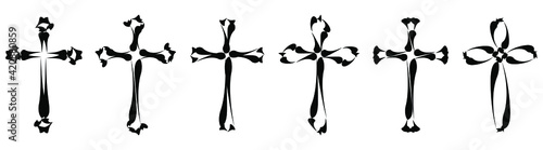Vector collection of black ink or paint religion or faith cross symbol set isolated on white background. Abstract christian religious belief or faith art illustration for orthodox or catholic design