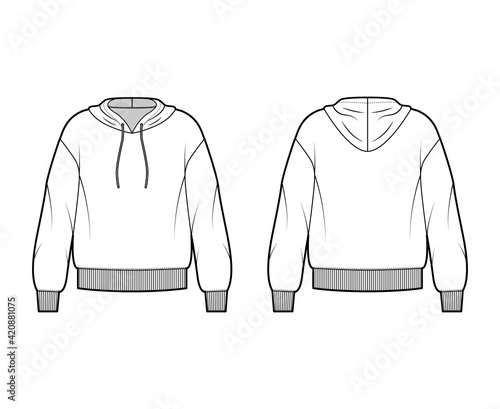 Hoody sweatshirt technical fashion illustration with long sleeves, oversized body, banded hem, drawstring. Flat large apparel template front, back, white color style. Women, men, unisex CAD mockup