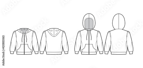 Set of Zip-up Hoody sweatshirt technical fashion illustration with elbow sleeves, relax body, kangaroo pouch, drawstring. Flat apparel template front, back, white color. Women, men, unisex CAD mockup