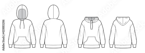 Set of Hoody sweatshirt technical fashion illustration with long sleeves, oversized body, kangaroo pouch, banded hem. Flat apparel template front, back, white color. Women, men, unisex CAD mockup
