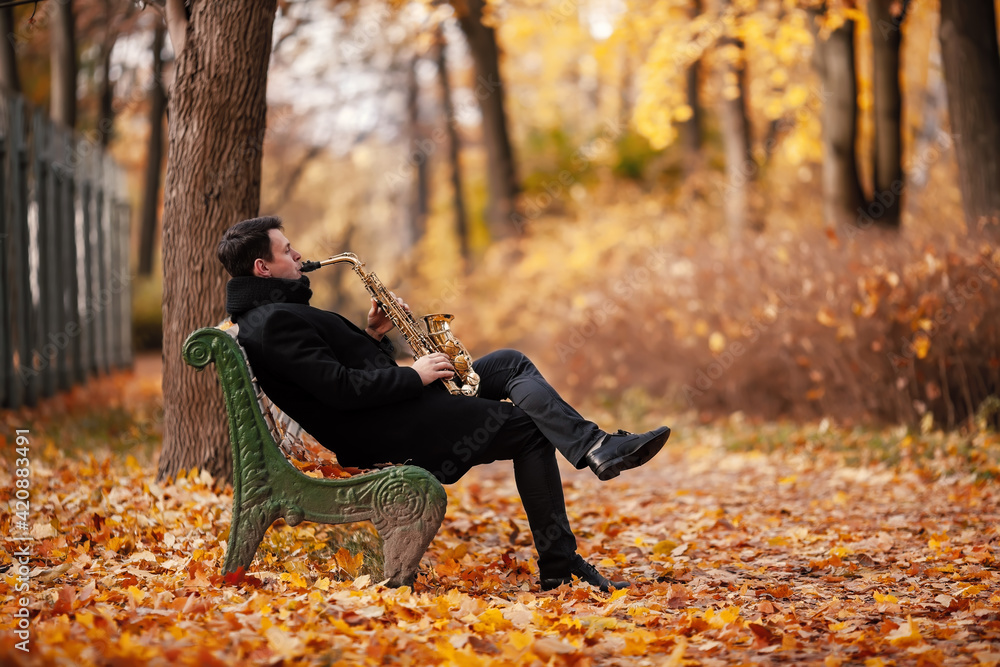 Autumn music: a man saxophonist plays the saxophone sitting on the bench in the autumn park on the background of yellowed foliage. Autumn music: a man saxophonist plays the saxophone sitting on the bench in the autumn park on the background of yellowed foliage.