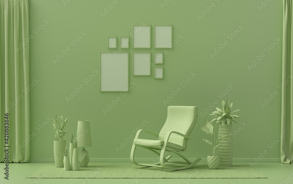 Fototapeta premium Modern interior flat light green color room with furnitures and plants, gallery wall template with eight frames on the wall for poster presentation, 3d Rendering