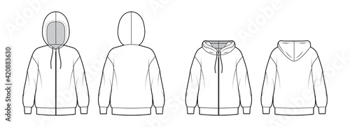 Set of Zip-up Hoody sweatshirt technical fashion illustration with long sleeves, oversized body, banded hem. Flat apparel template front, back, white color style. Women, men, unisex CAD mockup