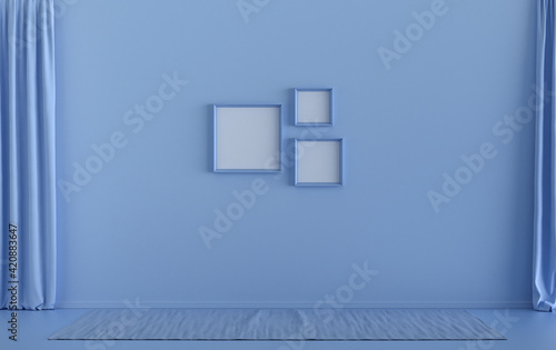 Gallery wall with three frames, in monochrome flat single light blue color room without furniture and empty,  3d Rendering © markOfshell