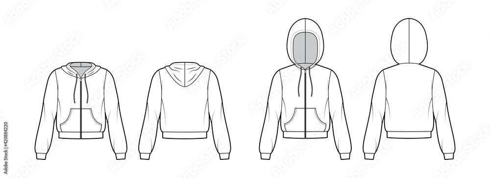 Set of Zip-up Hoody sweatshirt technical fashion illustration with long sleeves, relax body, kangaroo pouch, banded hem. Flat apparel template front, back, white color. Women, men, unisex CAD mockup Set of Zip-up Hoody sweatshirt technical fashion illustration with long sleeves, relax body, kangaroo pouch, banded hem. Flat apparel template front, back, white color. Women, men, unisex CAD mockup